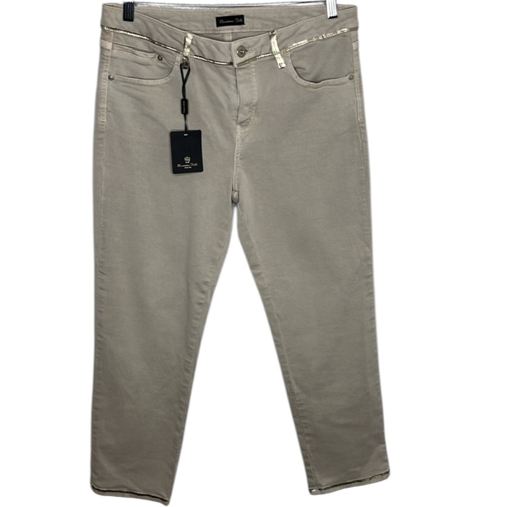 New Massimo Dutti Tan Gold Painted Trim Cropped Pants Women Size 10